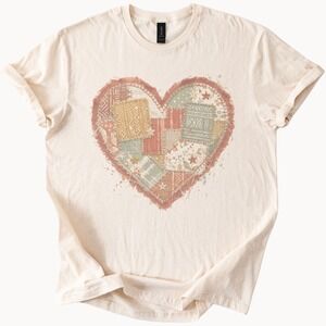 Patchwork Heart Coastal Graphic Tee Whimsical Starfish Design
